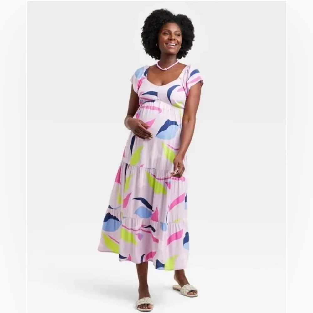 Ingrid + Isabel XS purple flutter multicolor tiered maternity maxi dress